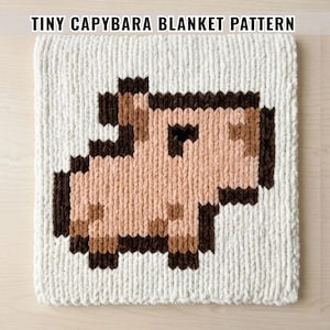 Puede incluir: Una manta cuadrada de ganchillo blanca con un diseño de capibara pixelado en tonos marrón claro y marrón oscuro. El texto TINY CAPYBARA BLANKET PATTERN está impreso en negro en la parte superior de la imagen sobre un fondo blanco.
