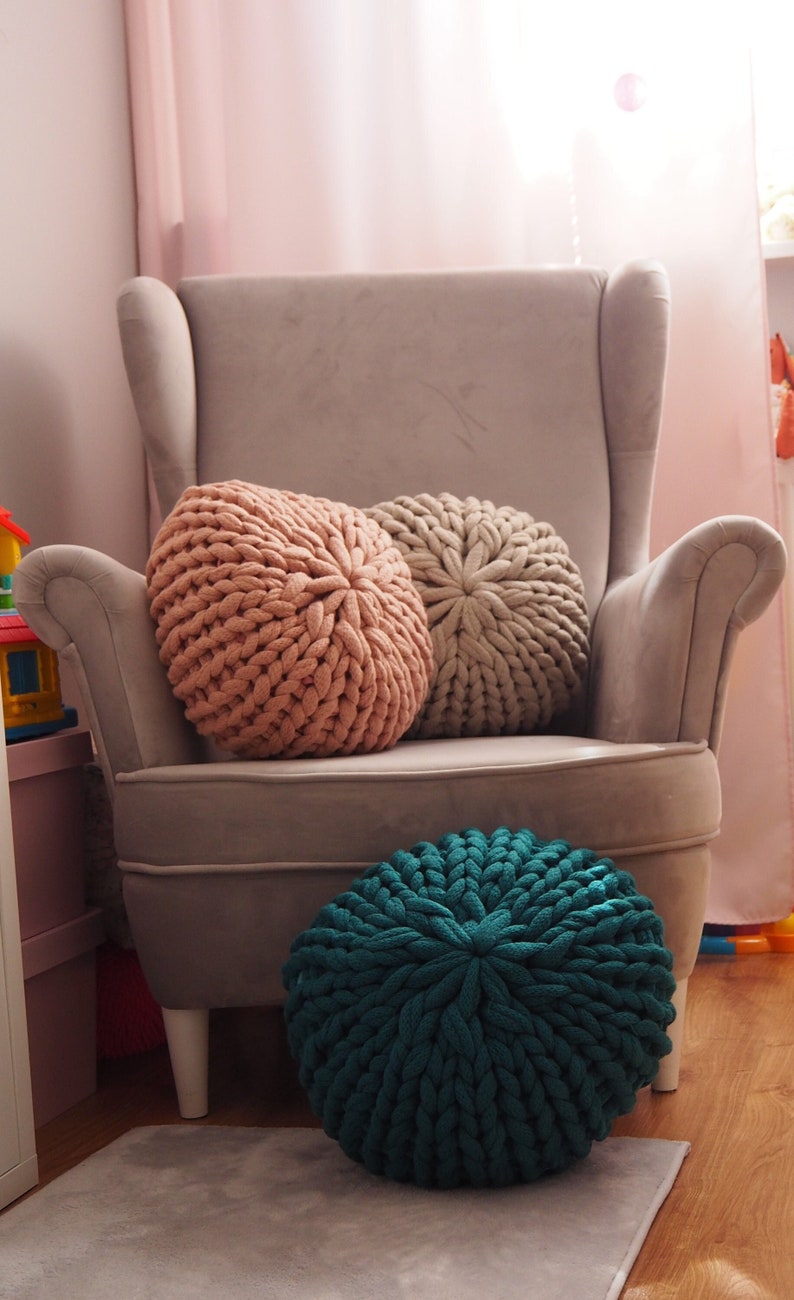 Knitted pouf for baby room, Decorative cushion ottoman for living room, Country home pillow seating image 2