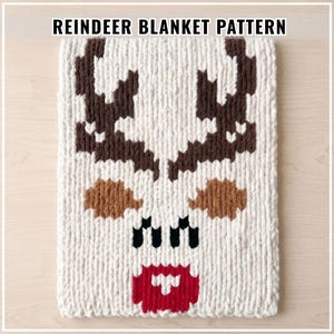May include: A white crocheted blanket featuring a reindeer face design with dark brown antlers, light brown ears, black eyes, and a bright red nose. The text REINDEER BLANKET PATTERN is displayed in black letters at the top of the image.