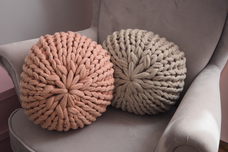 Knitted pouf for baby room, Decorative cushion ottoman for living room, Country home pillow seating image 5