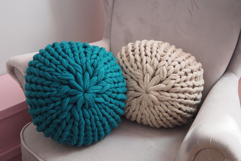 Knitted pouf for baby room, Decorative cushion ottoman for living room, Country home pillow seating image 8