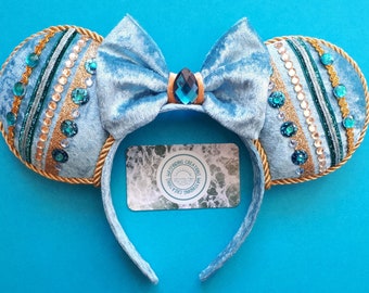 Luxury Arabian Princess Inspired Ocean Blue & Gold Crushed Velvet Handmade Mouse Ears Headband