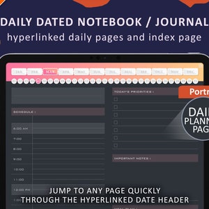 Può includere: Una pagina di pianificatore giornaliero digitale visualizzata su un tablet. Lo schermo mostra un calendario con il mese di marzo evidenziato, un programma e sezioni per priorità e note. Il testo include "Daily Dated Notebook / Journal" e "Daily Planner Page."