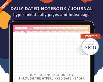 Digital Notebook Hyperlinked Tabs for Goodnotes Notability - Daily Pages Digital Notetaking & Note Book for Students - Close Grid Paper