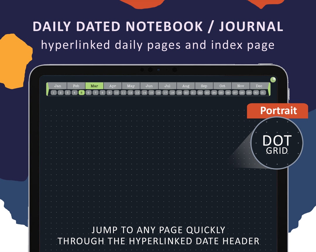 Digital Note Taking Dark Mode Template, Dot Grid Daily Digital Portrait ...