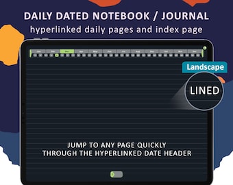 May include: A digital notebook or journal on a tablet, showing a lined, landscape page with a date header. Text at the top says "DAILY DATED NOTEBOOK / JOURNAL." The image highlights hyperlinked daily pages and an index page.