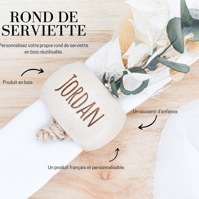 Rond De Serviette Bois Gravé Personnalisé - Prénom & Surnom - Fabriqué En France Hêtre Du Jura