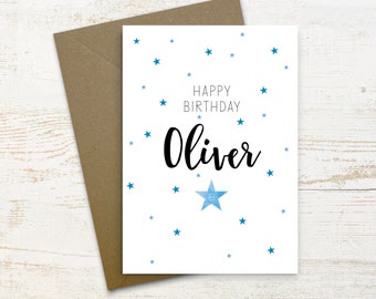 Personalised Happy Birthday Card, Happy Birthday, boy son daugther kids grandson nephew niece, blue stars, name age handmade + FREE DELIVERY