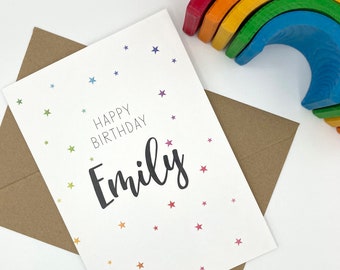 Rainbow Stars Happy Birthday Card Personalised, name and age 18, 30, 40, handmade, daughter son mum granddaughter niece + FREE DELIVERY