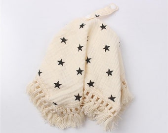 Muslin Cotton Star Pacifier Blanket - Burp Cloth Lace Detail