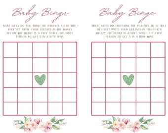May include: Two baby bingo cards with a pink grid design and a green heart in the center. The text "Baby Bingo" is at the top, with instructions below. Floral accents are at the bottom.