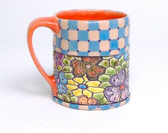 Blue Checks & Flower Mug