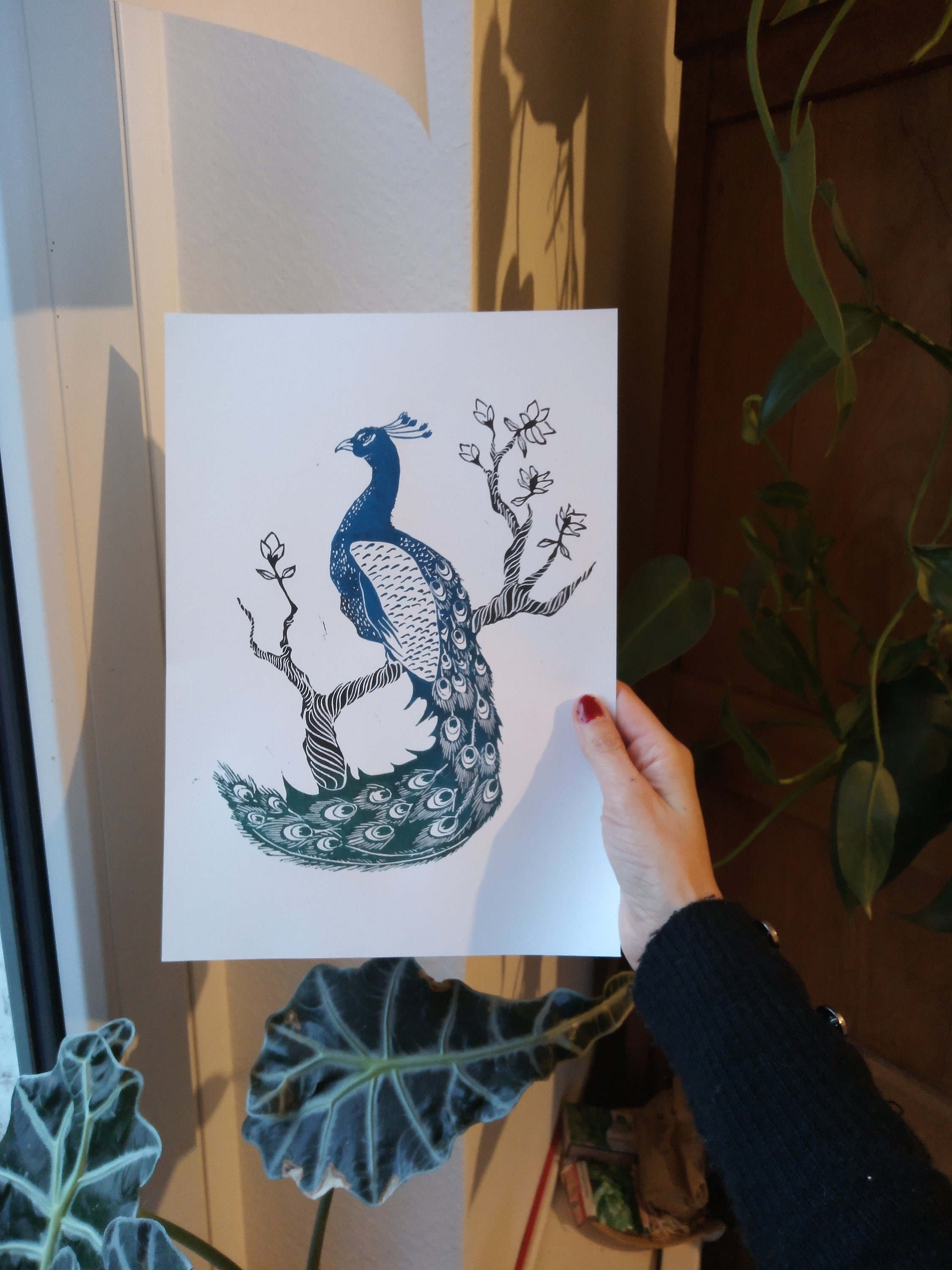 Linogravure Paon/Peacok Linocut