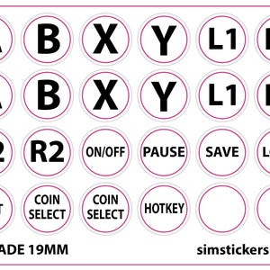 May include: A sheet of circular arcade button stickers with black text on a white background. The labels include A, B, X, Y, L1, R1, L2, R2, ON/OFF, PAUSE, SAVE, LOAD, EXIT, COIN SELECT, and HOTKEY. The text ARCADE 19MM and simstickers.co.uk are printed.
