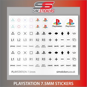 May include: A set of 7.5mm PlayStation controller stickers. The stickers feature various symbols and text, including the PlayStation logo, directional arrows, and buttons like L1, L2, R1, R2, and R3. The stickers are printed on white circles with black text and symbols.