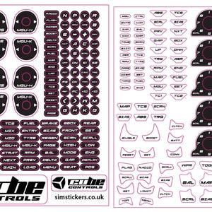 Può includere: Un foglio di adesivi in bianco e nero con varie etichette e simboli. Gli adesivi includono testo come "TYRE", "BIAS" e "MBU-H", insieme al logo "Cube Controls" e all'indirizzo del sito web.