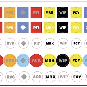 Puede incluir: Un diseño gráfico con filas de cuadrados y círculos de colores con abreviaturas de texto. Las filas superiores muestran cuadrados de color sólido, mientras que las filas inferiores presentan círculos. El texto incluye abreviaturas como HB, CRK, ACK y otras, en varios colores.