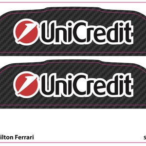 May include: Two identical black carbon fibre textured stickers with a red circular logo and the white text UniCredit. The stickers have a contoured shape with a thin pink border. The bottom left corner displays the text TM SF1000 Hamilton Ferrari.