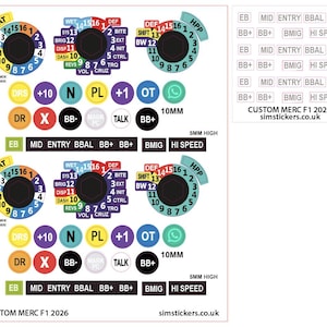 May include: A sheet of custom stickers for a MERC F1 2026 model, featuring various dials and buttons with labels like "STRAT", "DEF", and "SHIFT". The stickers include measurements and the website simstickers.co.uk.