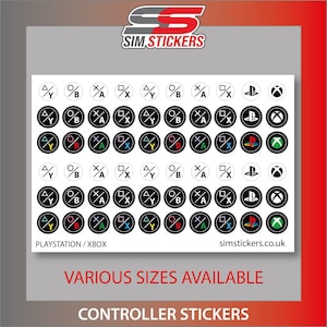 May include: A sheet of circular controller stickers featuring various gaming console button symbols including PlayStation and Xbox icons. The stickers are arranged in rows with black and white designs, some with colored accents. Text includes SIM STICKERS, PLAYSTATION / XBOX, simstickers.co.uk, and VARIOUS SIZES AVAILABLE.