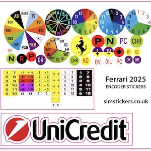 Pode incluir: Uma coleção de autocolantes de codificador Ferrari 2025, com vários designs circulares com números e letras, juntamente com um logótipo da Ferrari e um logótipo da UniCredit. Os autocolantes são multicoloridos e incluem texto como "OK" e "OIL".