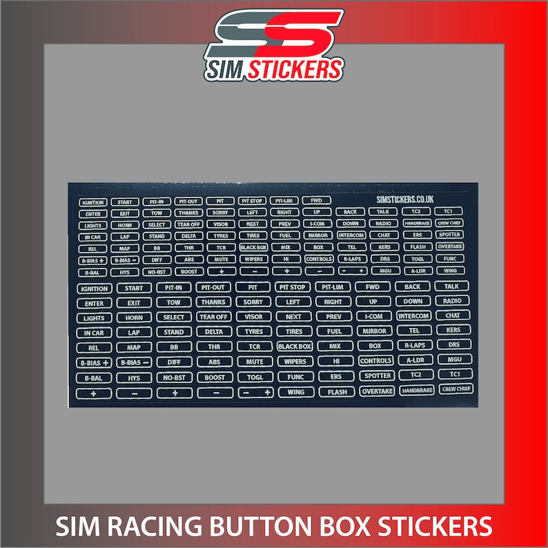 Border Stickers for Car Sim Racing Button Box/Wheel iRacing/AC/PC2 VARIOUS COLOURS Black w/ White Print