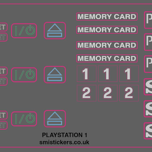 May include: A sticker sheet featuring three sets of gaming console graphics, including the PlayStation logo, Reset, Power, and Eject icons. It also includes text labels for Memory Card, the numbers 1 and 2, PlayStation, and Sony logos on a gray background.