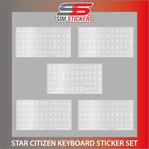May include: Five sheets of white keyboard stickers with black text and symbols for the Star Citizen video game. The sheets are labelled "Star Citizen" and "Sheet 1" through "Sheet 5".