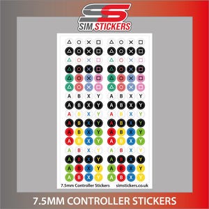May include: A sheet of 7.5mm controller stickers with coloured symbols and letters. The stickers include shapes such as triangles, circles, squares, and crosses, plus the letters A, B, X, and Y. The text "SIM STICKERS" is at the top.