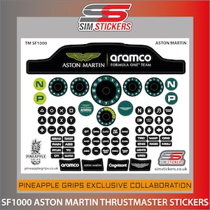 May include: A sheet of black and white vinyl stickers for the Thrustmaster SF1000 steering wheel, featuring Aston Martin Formula One Team branding, various circular dial labels, button icons, and text labels like Aramco, Cognizant, and Pineapple Grips.