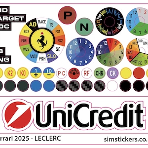 Pode incluir: Uma folha de autocolantes com vários desenhos circulares e retangulares. Inclui um logótipo da Ferrari, um logótipo da UniCredit e o texto "Ferrari 2025 - LECLERC" e "simstickers.co.uk".