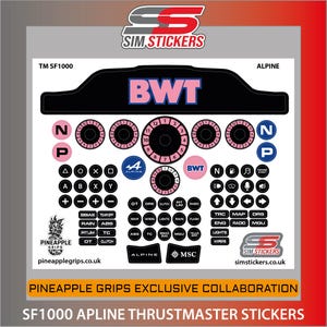 May include: A sheet of SF1000 Alpine Thrustmaster stickers. The stickers feature a black and pink color scheme with various labels and symbols, including "BWT" and "Alpine". The sheet also includes the text "Pineapple Grips Exclusive Collaboration".