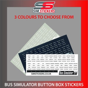 May include: A set of bus simulator button box stickers in three colors. The stickers feature labels for various controls like "Interact," "Door," and "Headlights." The image includes the text "SIM STICKERS" and "Bus Simulator 21."