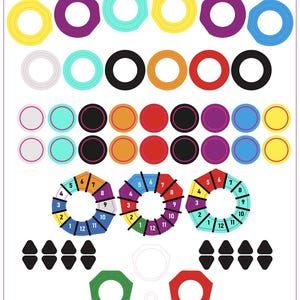 Puede incluir: Una hoja de pegatinas coloridas para simulación de carreras. Las pegatinas incluyen anillos de varios colores, círculos segmentados numerados y flechas direccionales. El texto "FANATEC V2.5 MERC F1" y "SIMSTICKERS.CO.UK" es visible.