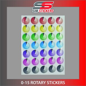 May include: A sheet of 25 colourful 0-15 rotary stickers. Each sticker is a circular dial with numbers 0-15 around the edge and a gradient colour fill.