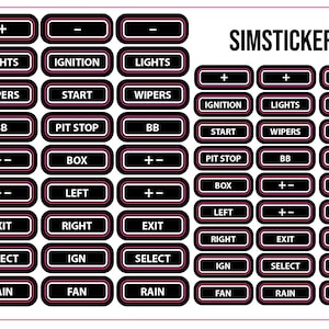 May include: A sheet of black and white stickers with pink borders, featuring labels like "IGNITION," "LIGHTS," and "WIPERS." The text "SIMSTICKERS.CO.UK" is displayed at the top. These stickers are designed for various automotive applications.