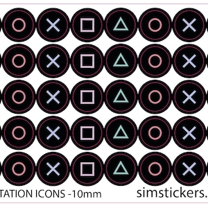 May include: A sheet of circular stickers featuring black backgrounds with colored gaming controller symbols including triangles, circles, crosses, and squares. The text PLAYSTATION ICONS -10mm and simstickers.co.uk is printed at the bottom of the sheet.