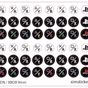 May include: Sheet of 9mm PlayStation and Xbox controller button stickers. Each sticker features a black circle with white, colored, or black symbols. Includes the text "PLAYSTATION / XBOX 9mm" and the website address.