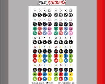 May include: Sheet of 7mm controller stickers featuring various colored symbols and letters. The stickers include shapes like circles, squares, and triangles, along with the letters A, B, X, and Y. The text "7MM CONTROLLER STICKERS" is at the bottom.