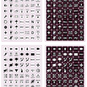 May include: Four sheets of square stickers with black and white icons and text. The icons represent car functions such as timing and brakes. Text includes abbreviations like "TC1", "DASH", and "INFO". The stickers are designed for automotive use.