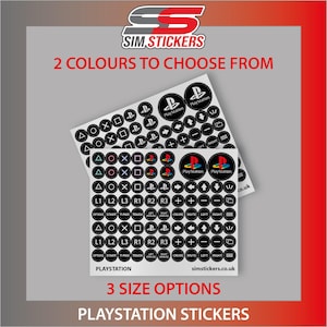 May include: Two sheets of PlayStation controller button stickers. The stickers feature black and white symbols, including circles, crosses, squares, and triangles. Text on the stickers includes "PlayStation", "L1, L2, L3, R1, R2, R3", and other controller functions. The image also states "2 COLOURS TO CHOOSE FROM" and "3 SIZE OPTIONS".