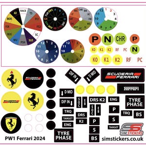Puede incluir: Una colección de pegatinas circulares y rectangulares con varios diseños y texto. Las pegatinas presentan segmentos codificados por colores, números y texto como "Ferrari", "TYRE PHASE" y "SCUDERIA FERRARI". La imagen incluye el texto "PW1 Ferrari 2024" y "simstickers.co.uk".