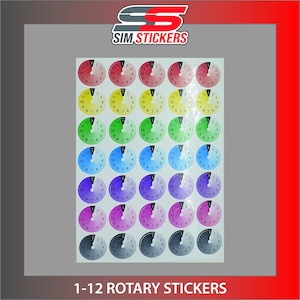 COLOURED Rotary 1-12 Stickers for Car Simulator Button Box
