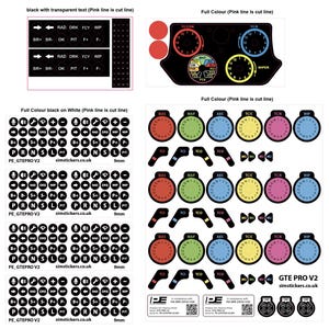 May include: A set of black and white stickers for a racing simulator. The stickers are 9mm in diameter and feature various symbols and text, including "RAD", "DRS", "WIP", "B+", "S+", "PRNSL", "PE GTEPRO V2", and "simstickers.co.uk".