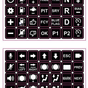 May include: A set of two rectangular sheets containing numerous black square stickers with white icons and text labels. The labels include racing-related commands like BRAKE, DASH, TC, PIT, KILL, PASS, FFB, and ARB, all framed in thin pink borders.