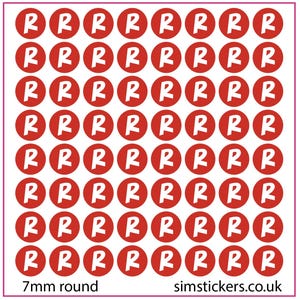 May include: A sheet of 64 circular red stickers, each featuring a white letter R. The stickers are arranged in an 8 by 8 grid. The text 7mm round is printed in the bottom left corner, and the text simstickers.co.uk is in the bottom right.
