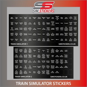 Puede incluir: Un diagrama en blanco y negro de los controles de Train Simulator con el texto "Train Simulator Stickers" y "SIMSTICKERS.CO.UK". El diagrama muestra la disposición de los controles para Train Simulator 1 y Train Simulator 2.
