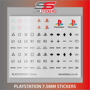May include: A sheet of black and white PlayStation controller button stickers. The stickers feature the standard PlayStation controller buttons, including the directional pad, face buttons, shoulder buttons, and PlayStation logo. The stickers are 7.5mm in size.