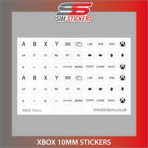 May include: A set of 10mm round white stickers with black lettering and symbols for an Xbox controller. The stickers include letters A, B, X, Y, directional arrows, and symbols for start, back, home, menu, options, left and right bumpers, left and right triggers, and left and right sticks.