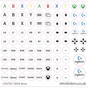 Op de afbeelding: Een vel witte stickers met pictogrammen van gamecontrollerknoppen en tekst. De stickers bevatten gekleurde letterknoppen, pijlen en symbolen voor Logitech en Xbox. De tekst "LOGITEC XBOX 8mm" is zichtbaar.